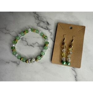 handmade beaded dangle earrings and bracelet set green and gold tones
